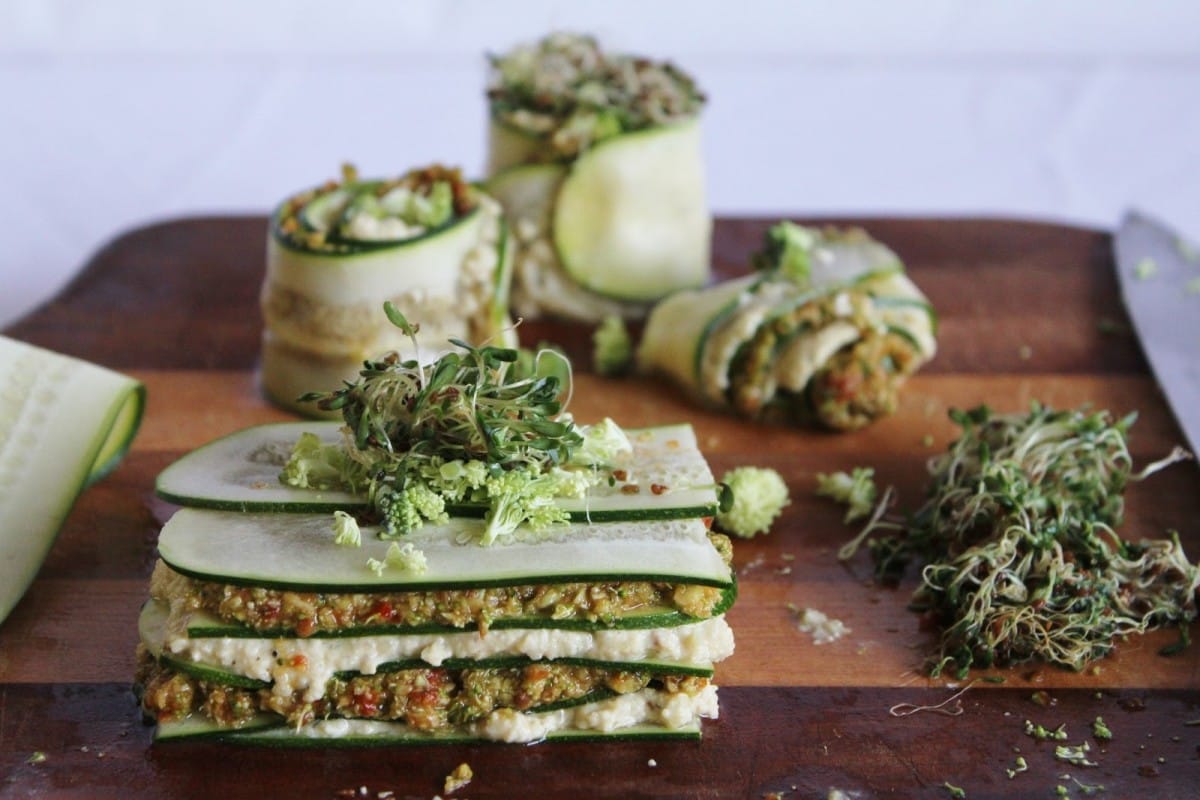 Raw Vegan Lasagna with Cashew Cheese and Broccoli Sun-Dried Tomato Pesto