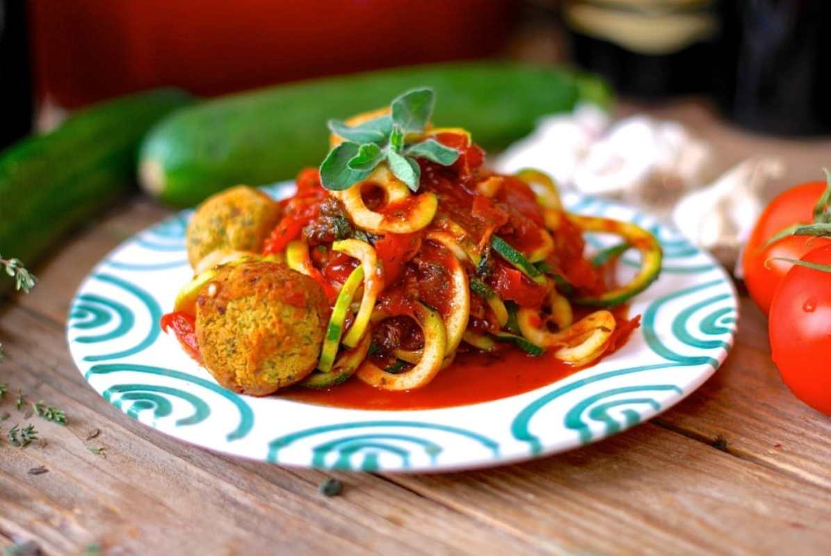 Zucchini Spaghetti, Tomato Sauce and Pumpkin Seed Cannellini Meatballs [Vegan, Gluten-Free]