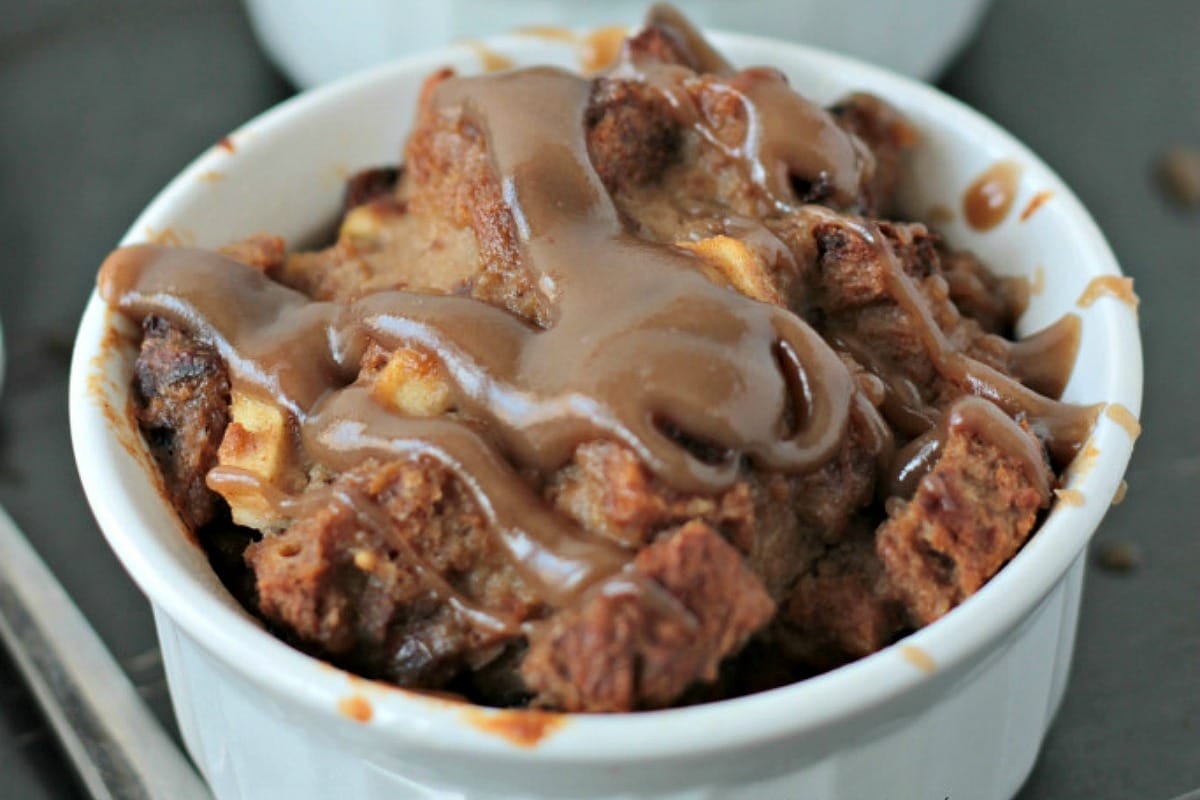 Apple Cinnamon Bread Pudding With Salted Caramel Sauce [Vegan]