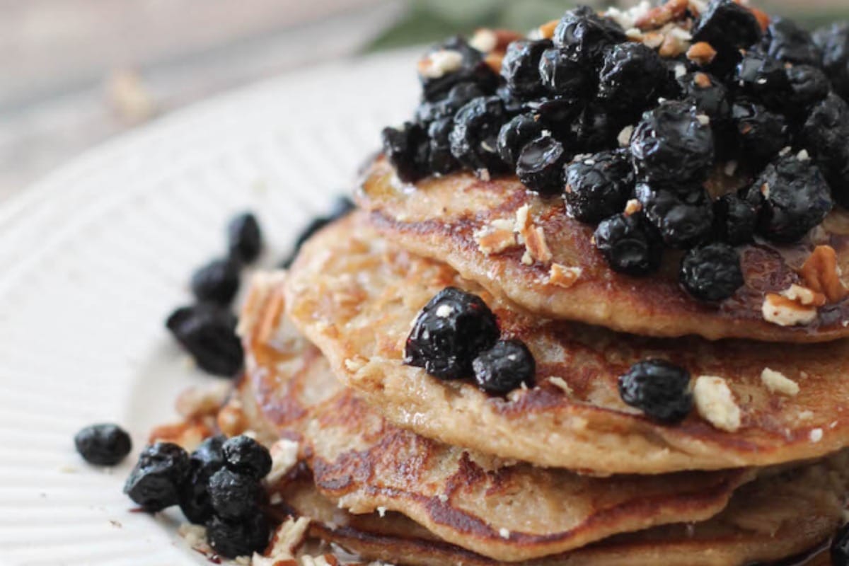 Vegan Lemon Banana Ricotta Pancakes With Dried Blueberry Compote [Gluten-Free]