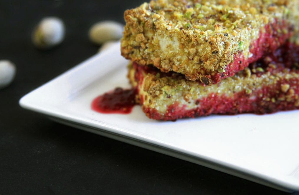 Pisatchio Crusted Tofu With a Prickly Pear Sauce [Vegan, Gluten-Free]