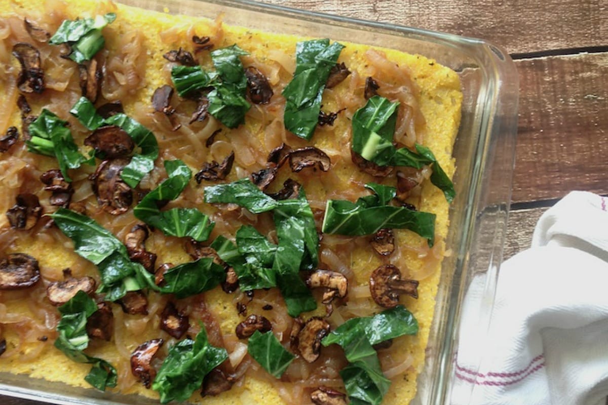 Polenta Bake With Caramelized Onions and Portobello Bacon [Vegan, Gluten-Free]