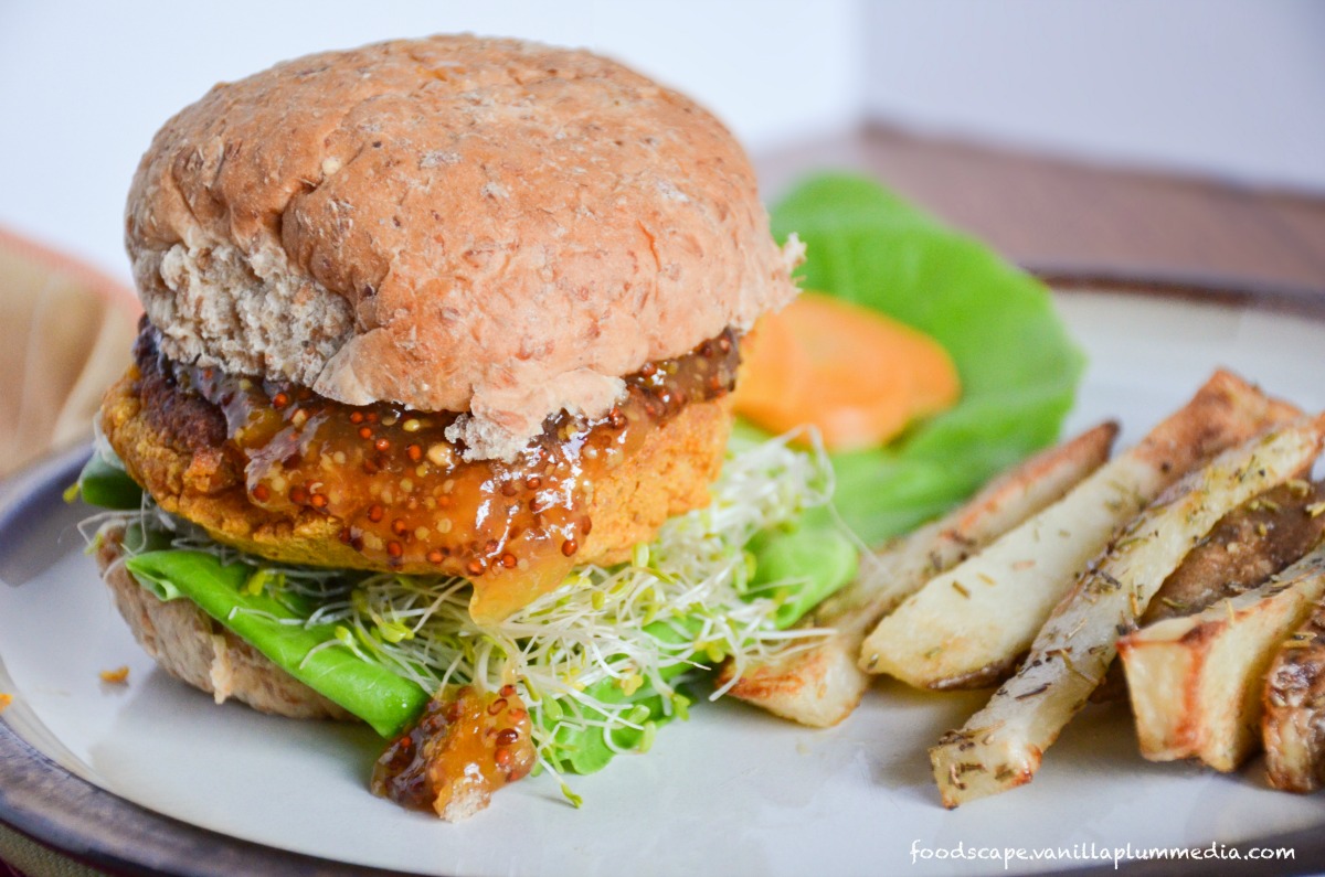 Sweet Potato Chickpea Burger With Apricot Mustard and Rosemary Fries [Vegan]