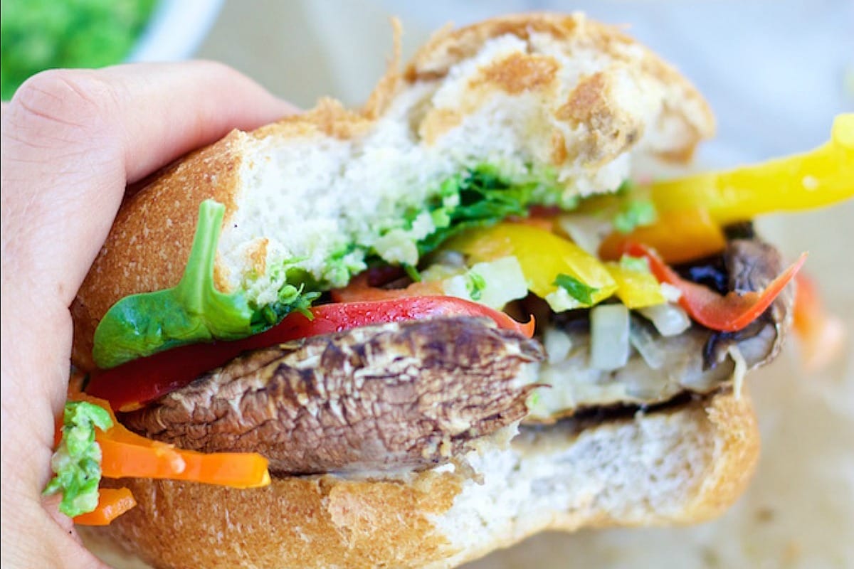Clean Eating Portobello Burgers With Pea Pesto [Vegan, Gluten-Free]