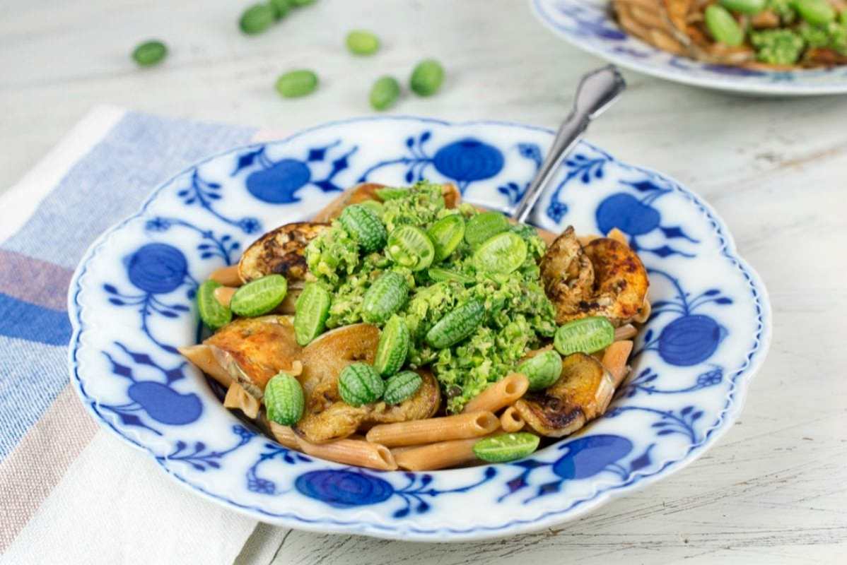 Smoky Eggplant Pasta With Bok Choy and Pea Pesto [Vegan]Smoky Eggplant Pasta With Bok Choy and Pea Pesto [Vegan]