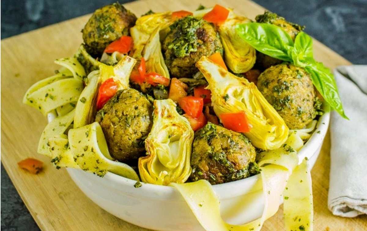 Pesto Pappardelle With Artichoke Chickpea Meatballs [Vegan]