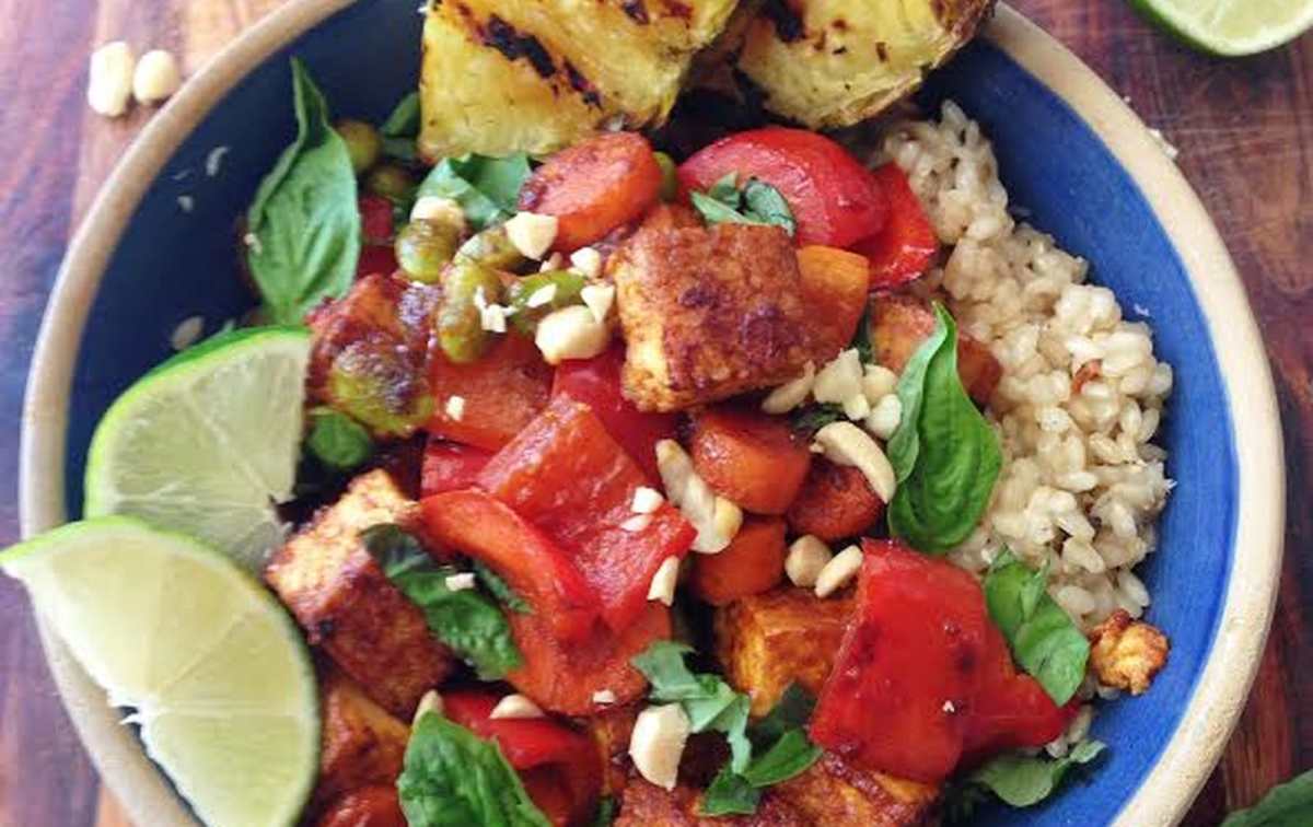 Sweet Chili Peanut Tofu, Vegetable, and Grilled Pineapple Stir-Fry [Vegan, Gluten-Free]