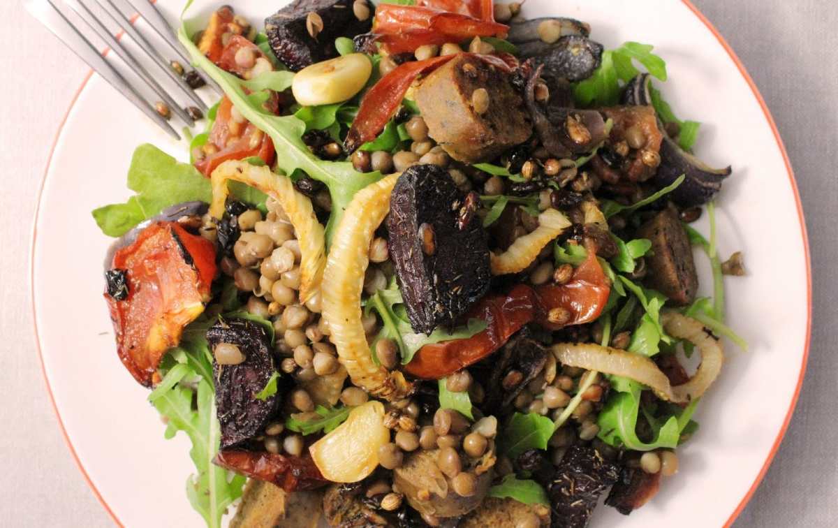 Roasted Balsamic Beet, Sausage, and Lentil Bowls [Vegan]
