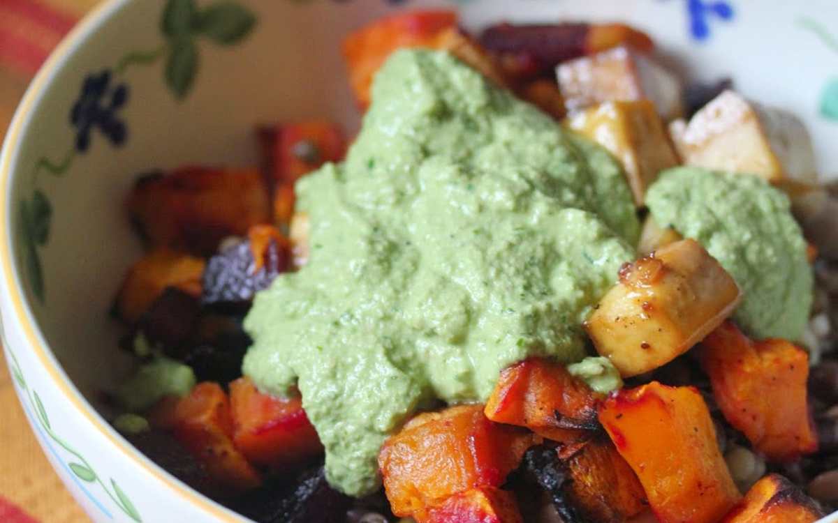 Beets and Butternut Squash Bowl With Cheesy Basil Pesto