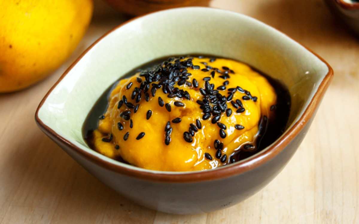 Mango Ice Cream With Black Sesame Syrup