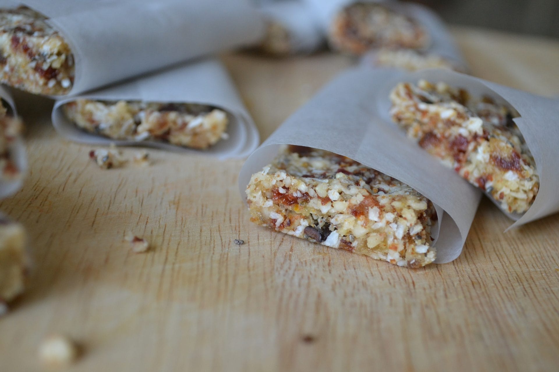 Date-Cherry-Ginger-Orange-Coconut Bars…with Cacao & Chia