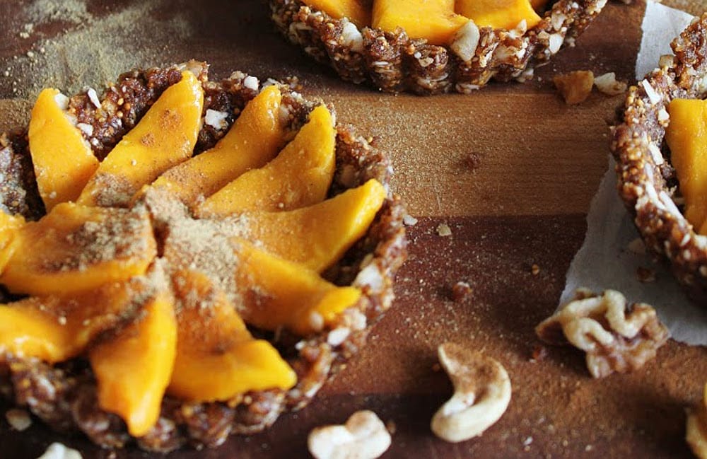 Raw Coconut Mango Tarts with Figs, Walnuts, Cinnamon, & Ginger