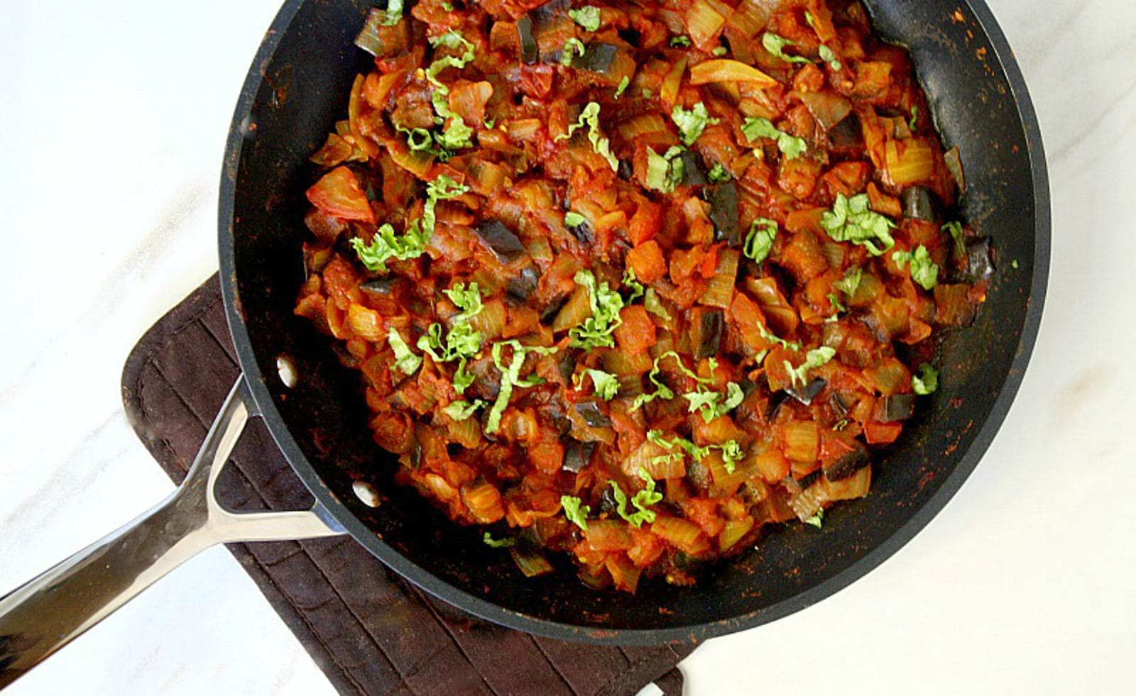 onion, tomato, and eggplant stew