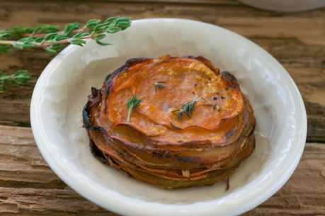 Maple and Thyme Potato, Beet, Sweet Potato Stacks (A.K.A Pomme Annies) [Vegan, GF]