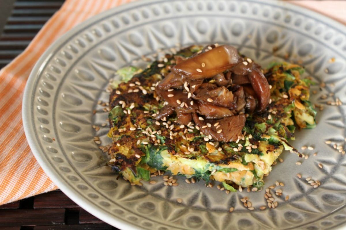 Grain-FreeJapanese Pancakes With Sticky Mushrooms [Vegan, Gluten-Free]