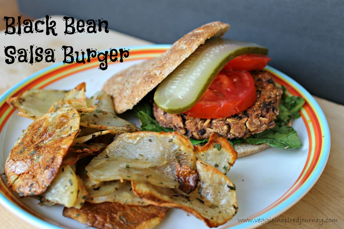 Black Bean Salsa Burger and Crispy Potato Rounds [Vegan]