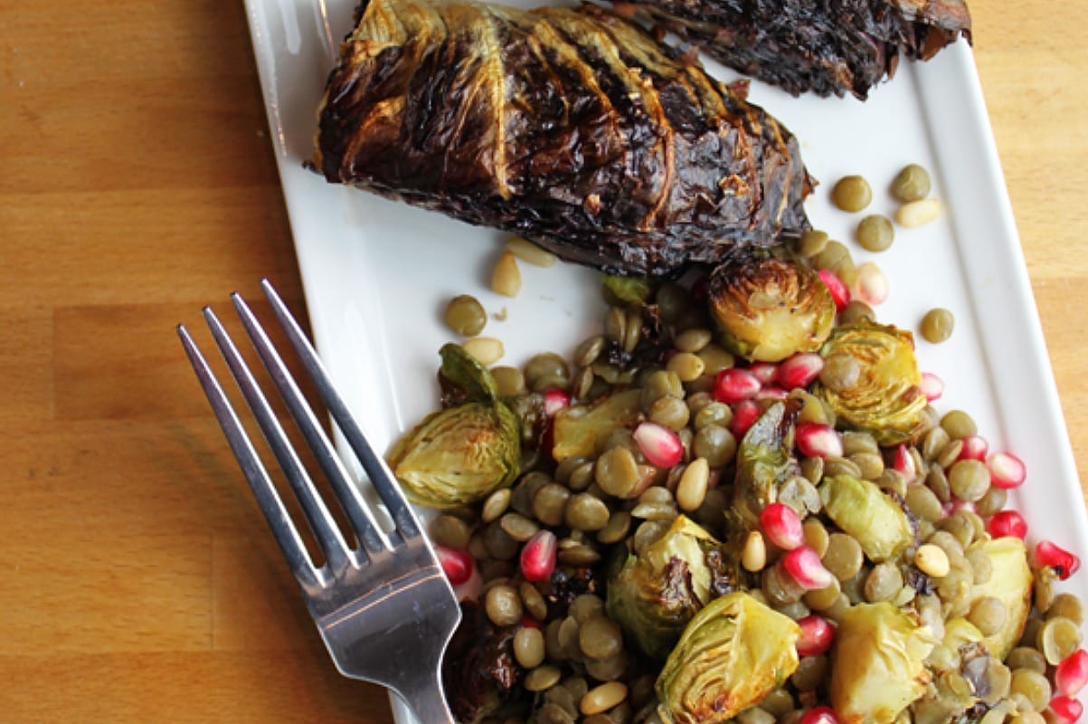 Warm Lentil and Brussels Sprout Salad With Roasted Radicchio Wedges [Vegan, Gluten-Free]