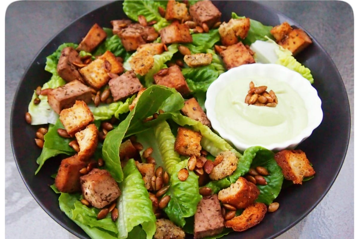Herb Tofu Caesar Salad With Spicy Pepitas [Vegan, Gluten-Free]