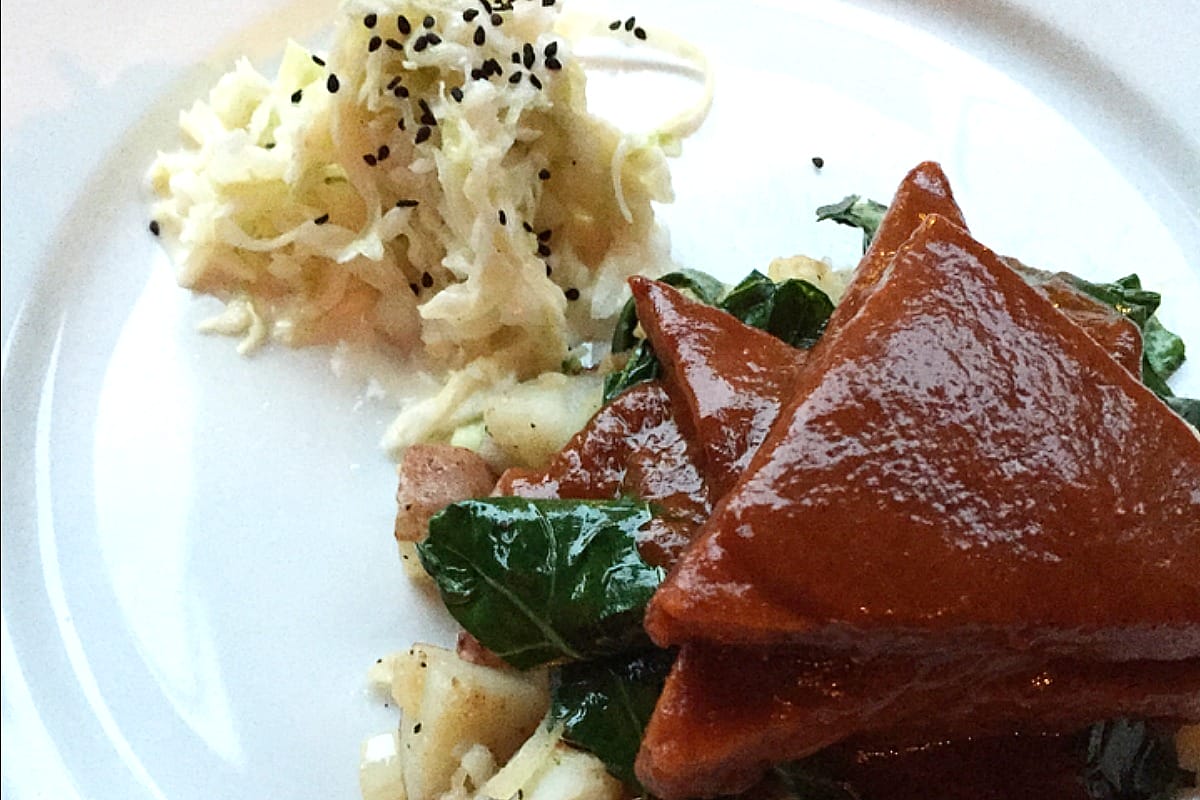 BBQ Tempeh With Collard Green Hash and Horseradish Cole Slaw [Vegan]