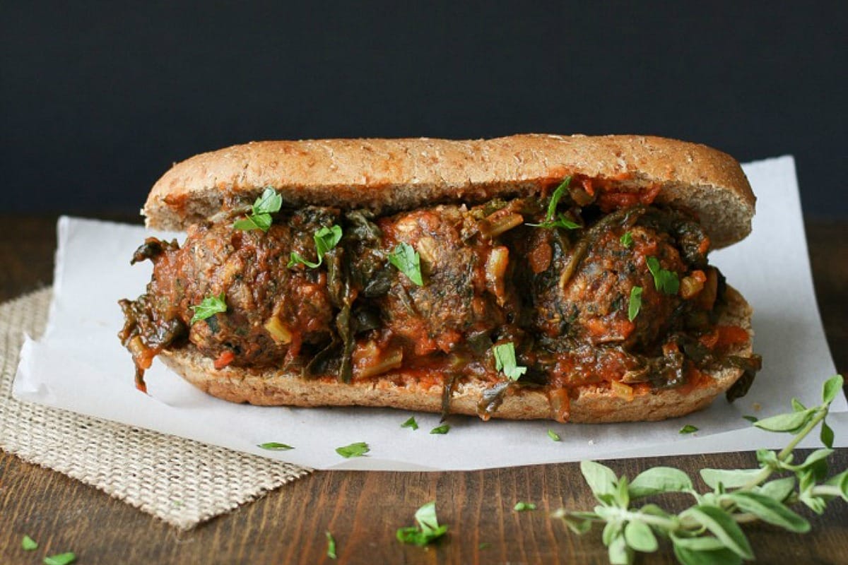 Beanball Sub Sandwich With Marinara and Greens [Vegan, Gluten-Free]