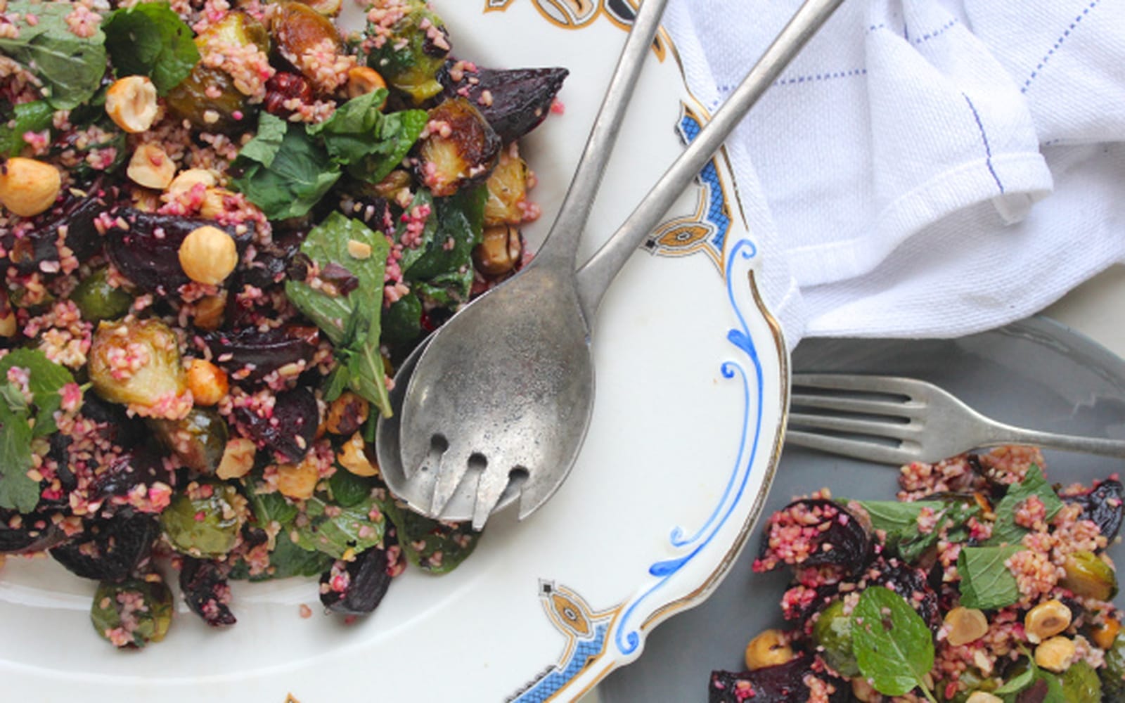 Beetroot, Brussels Sprouts, and Bourgal Salad with Maple-Orange Dressing [Vegan]