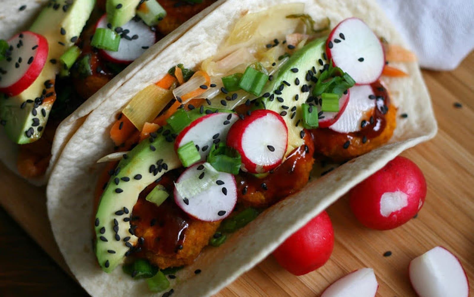 Korean Spicy Sweet Potato Falafel Tacos With White Kimchi [Vegan]