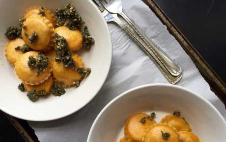 Portobello Pumpkin Ravioli With Sage and Walnut Pesto [Vegan]