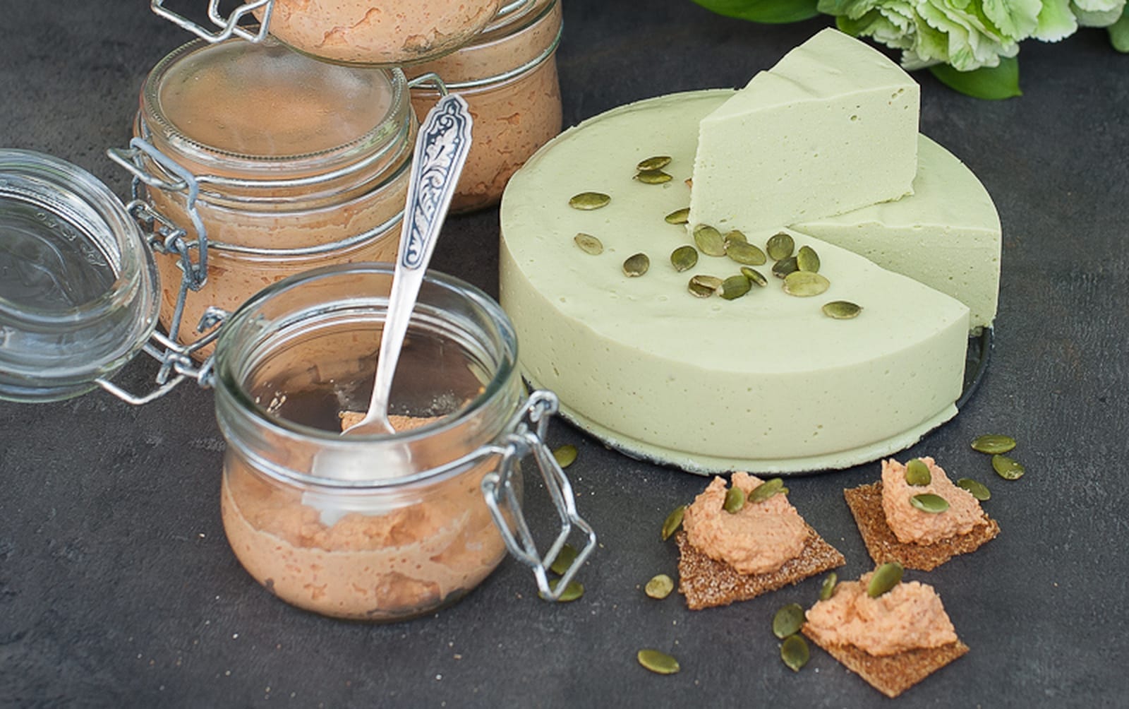 A Duo of Veggie Cheeses: Sliceable Zucchini Cheese and Spreadable Tomato Nacho Cheese [Vegan, Gluten-Free]