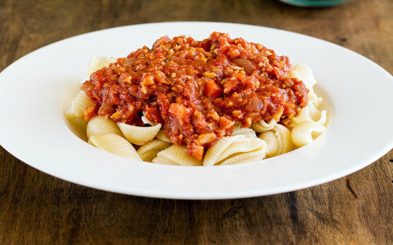 Chickpea meat sauce over pasta shells