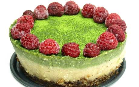 Raw Matcha Raspberry Cheesecake With a Raisin-Walnut Crust