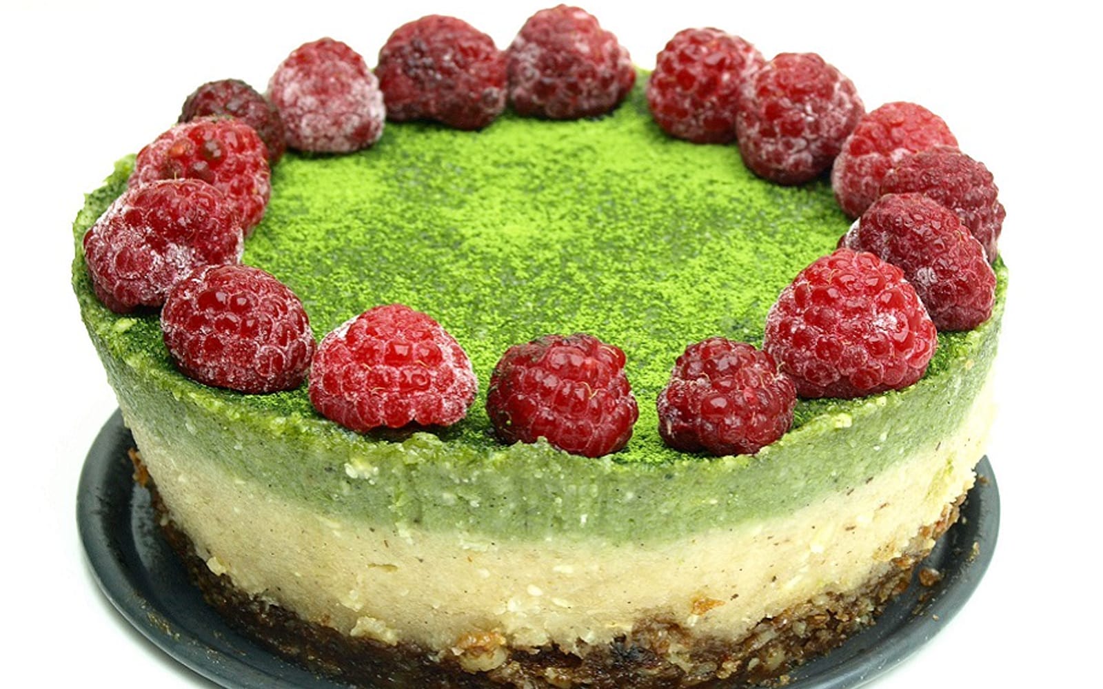 Raw Matcha Raspberry Cheesecake With a Raisin-Walnut Crust
