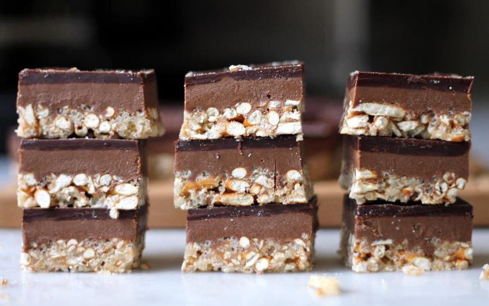 Triple Layer Peanut Butter Cup Pretzel Krispies Bars