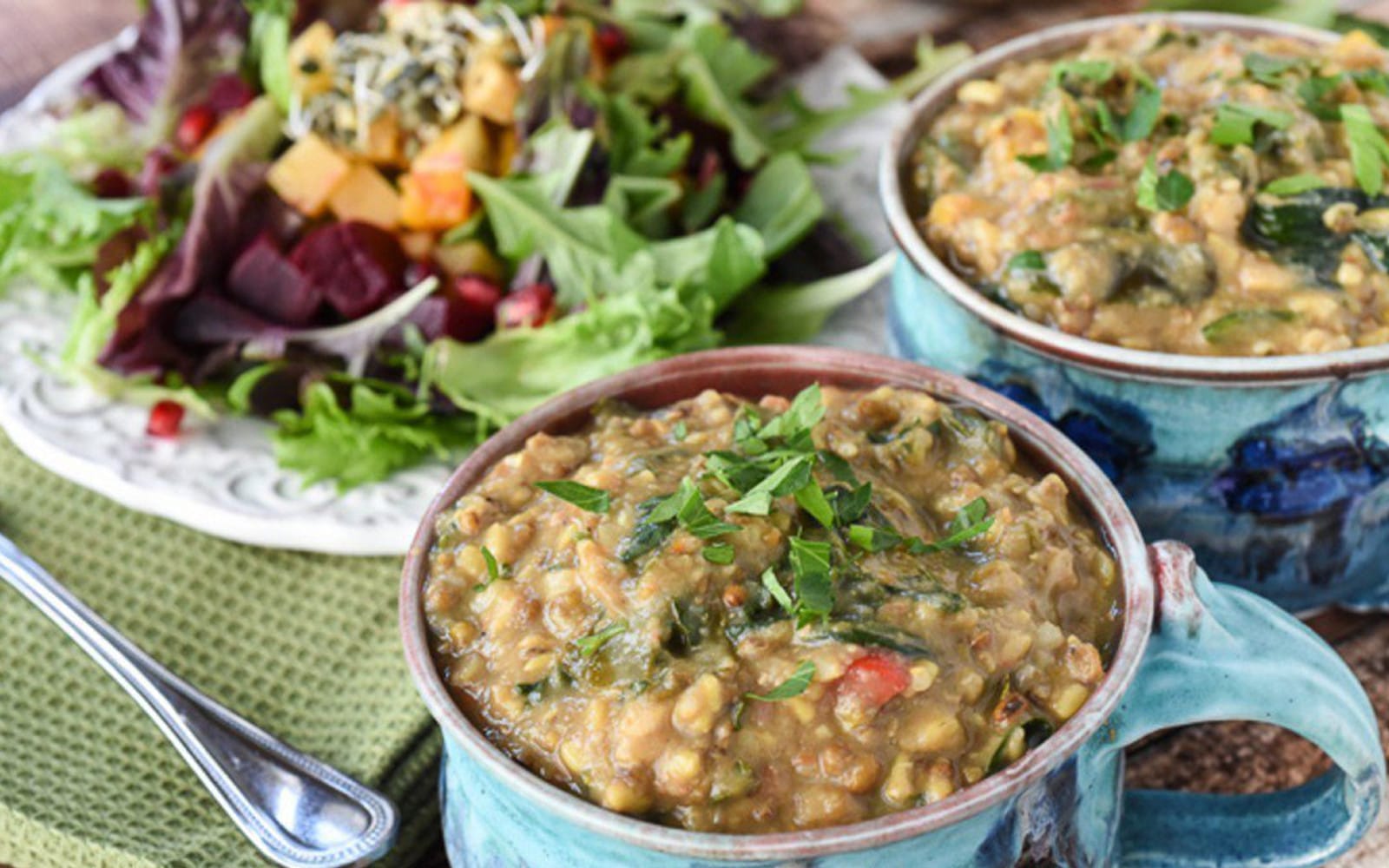 Vegan Kitchari: Comforting Indian Vegetable Stew with salad