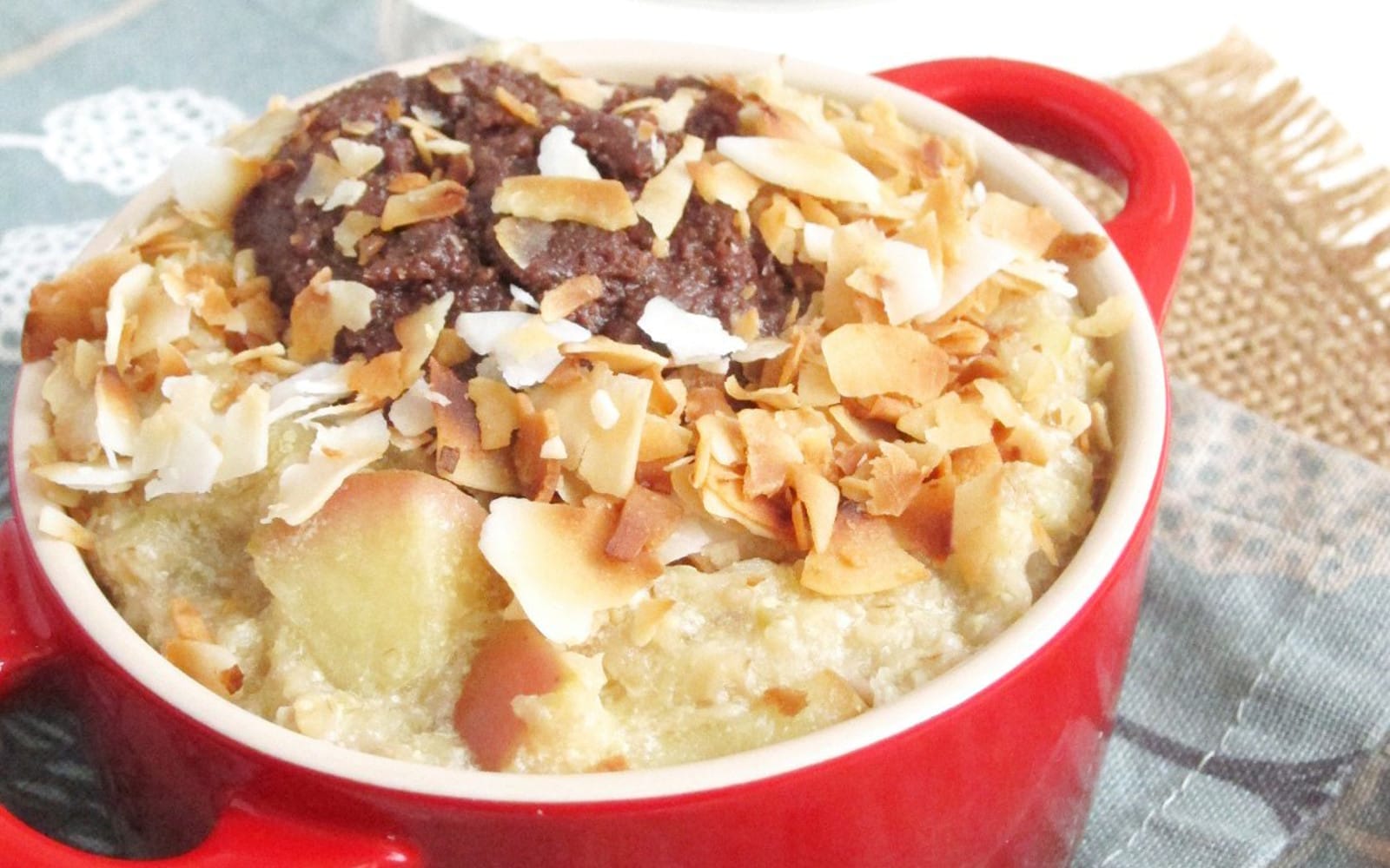 Apple Oatmeal with Chocolate Tahini and Coconut