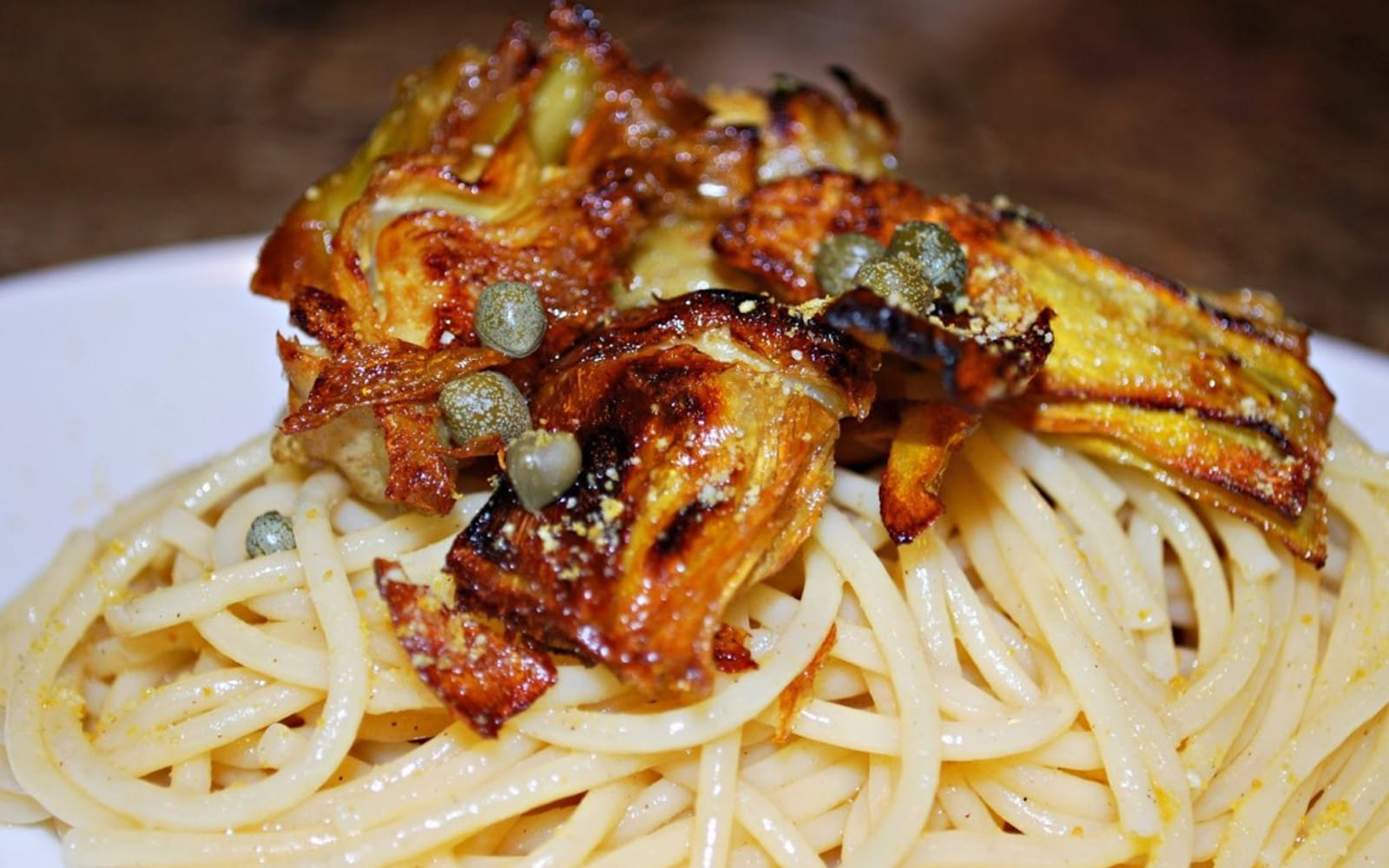 Fried Artichokes over Lemon Butter Pasta