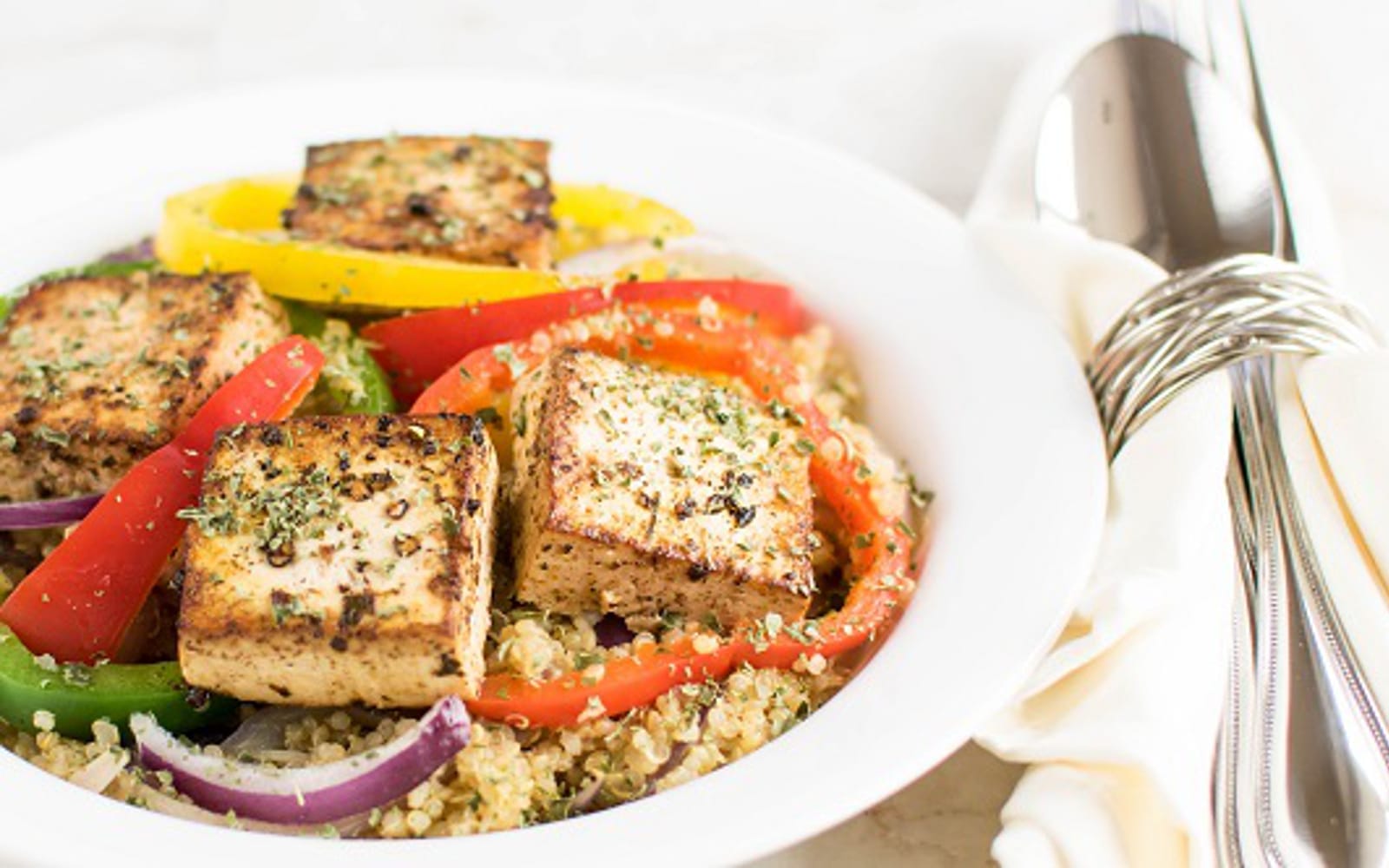 Red Wine Vinegar Tofu in a white bowl