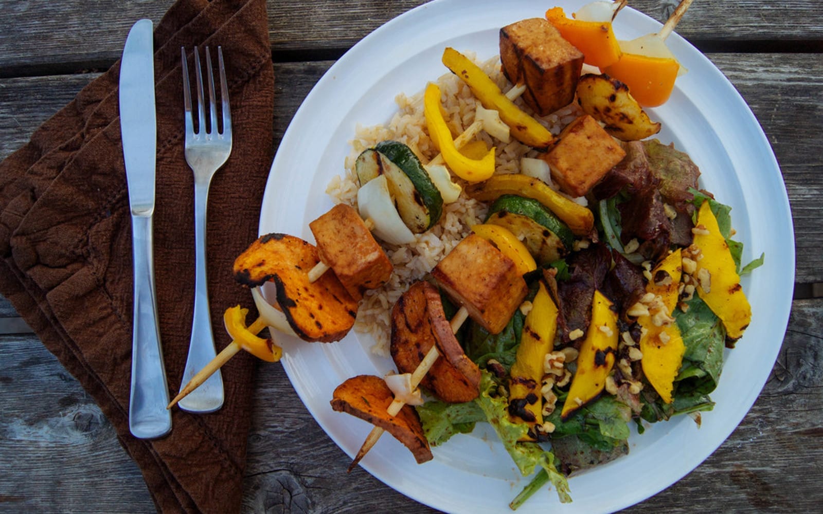 Tofu Kebabs With Grilled Mango Sorrel Salad