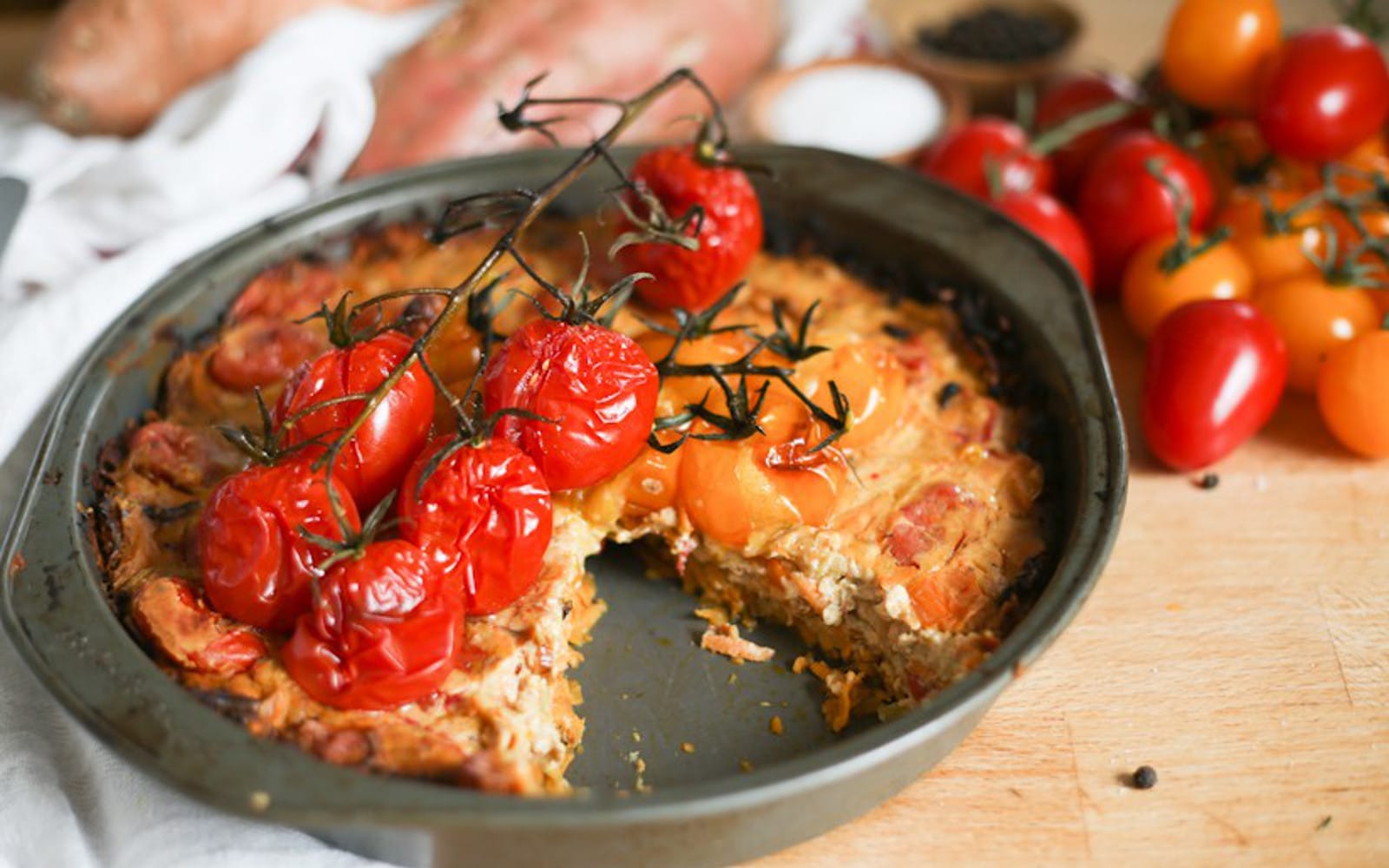 Roasted Red Pepper and Tomato Sweet Potato Quiche