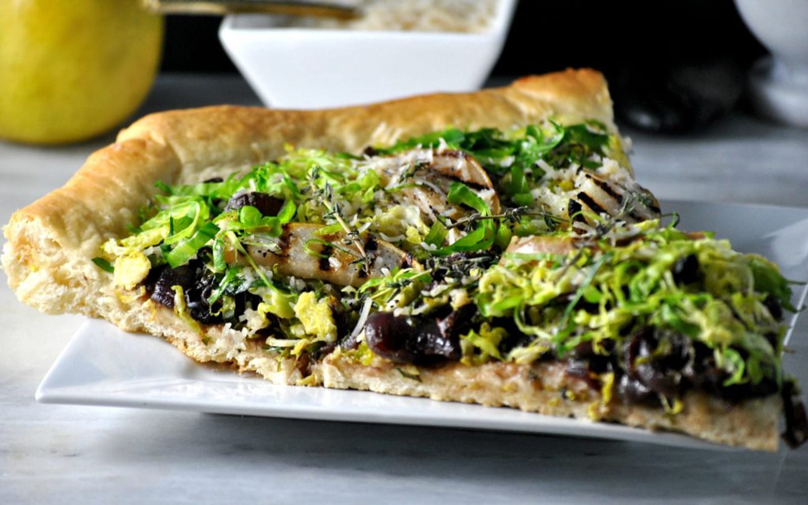 Shaved Brussels Sprouts and Grilled Pear Pizza