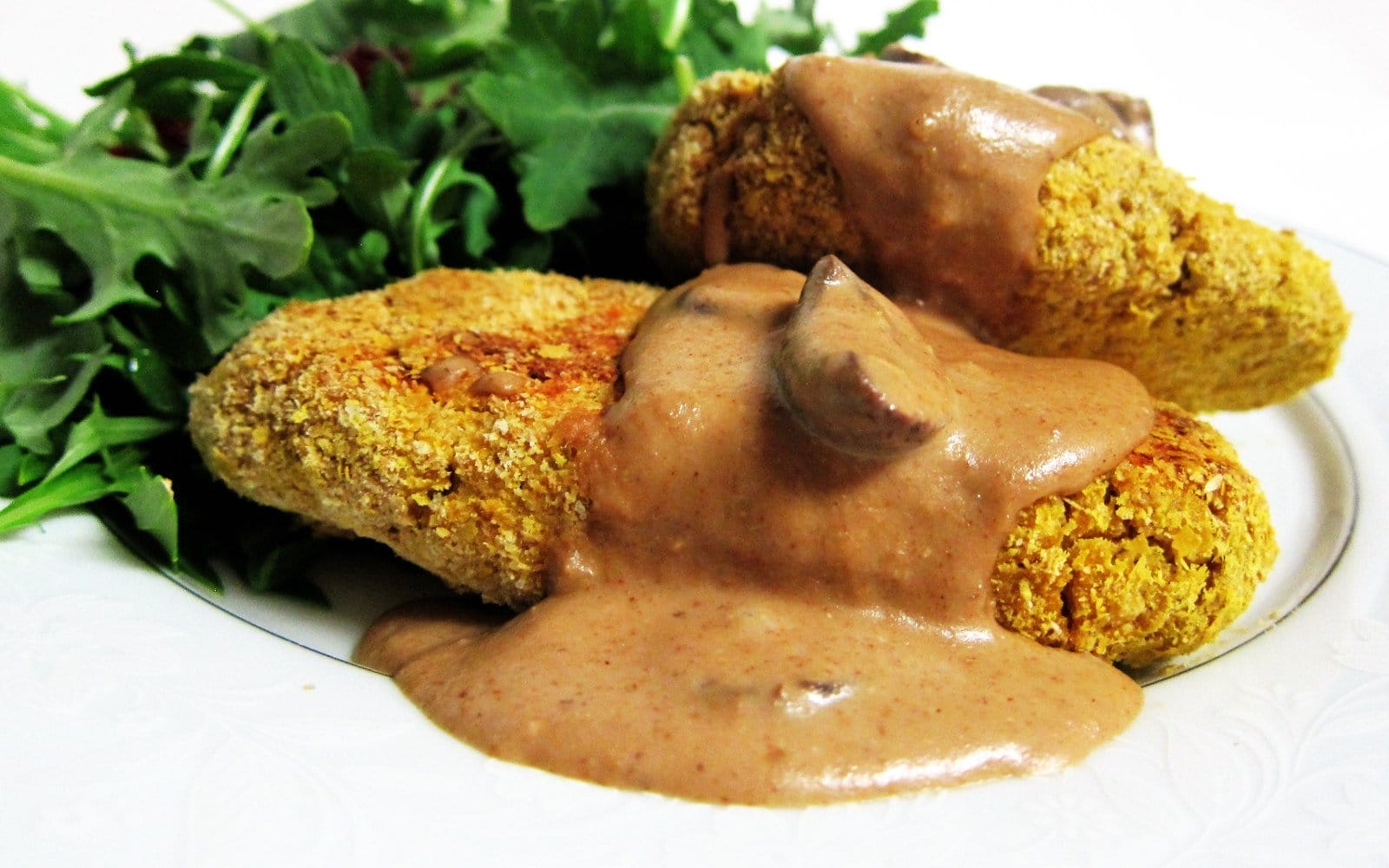 Crispy Breaded Chickpea Cutlets in Mushroom Gravy