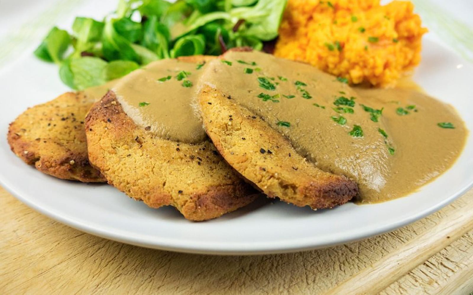 Tofu 'Chicken' Fillets With Mushroom Gravy and Mashed Sweet Potato [Vegan, Gluten-Free]