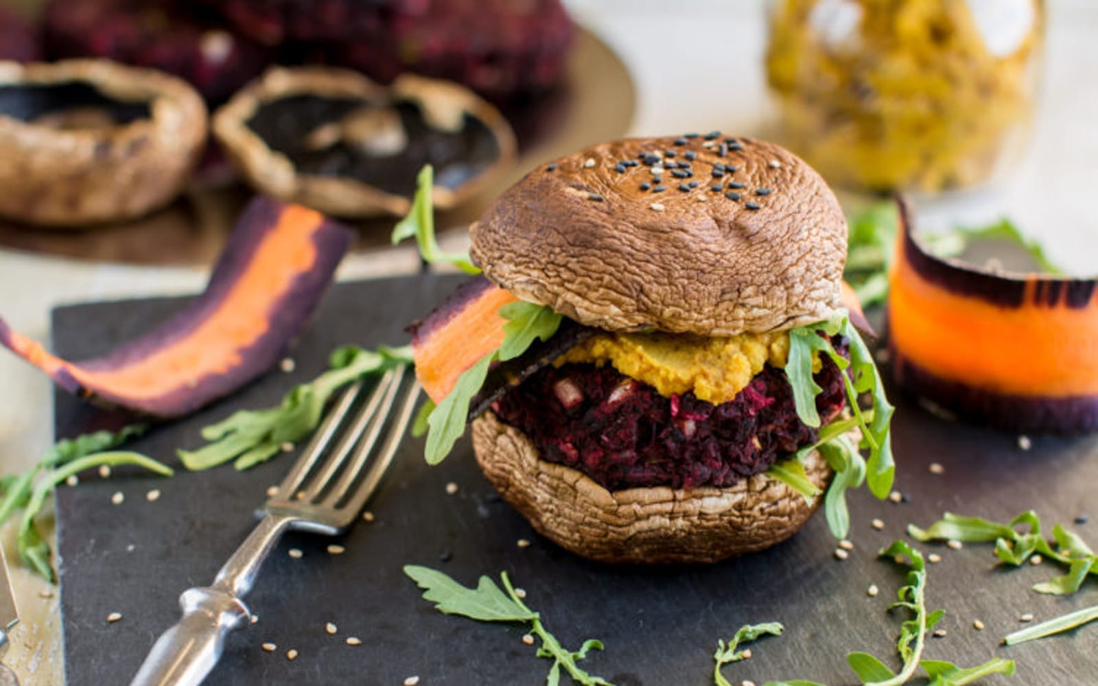 Grilled Portobello Burger With Black Bean Beet Patty