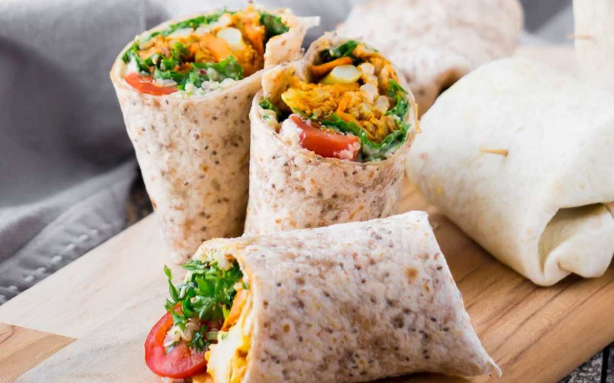 Roasted Sweet Potato and Cauliflower Hummus Wraps