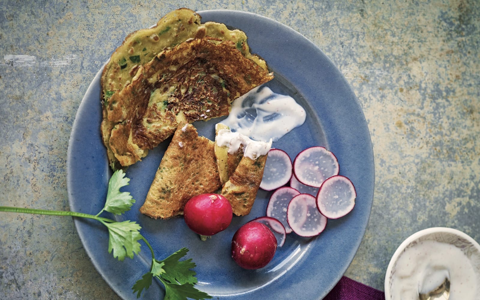 Pudla: Indian Spinach Pancakes With Chili Yogurt