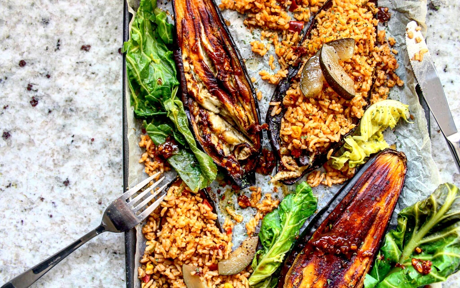 Roasted Eggplants With Spicy Rice and Spring Greens