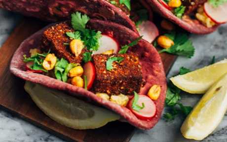 Beet Tacos With Mung Beans and Blackened Tofu Radish Slaw and Crispy Corn b