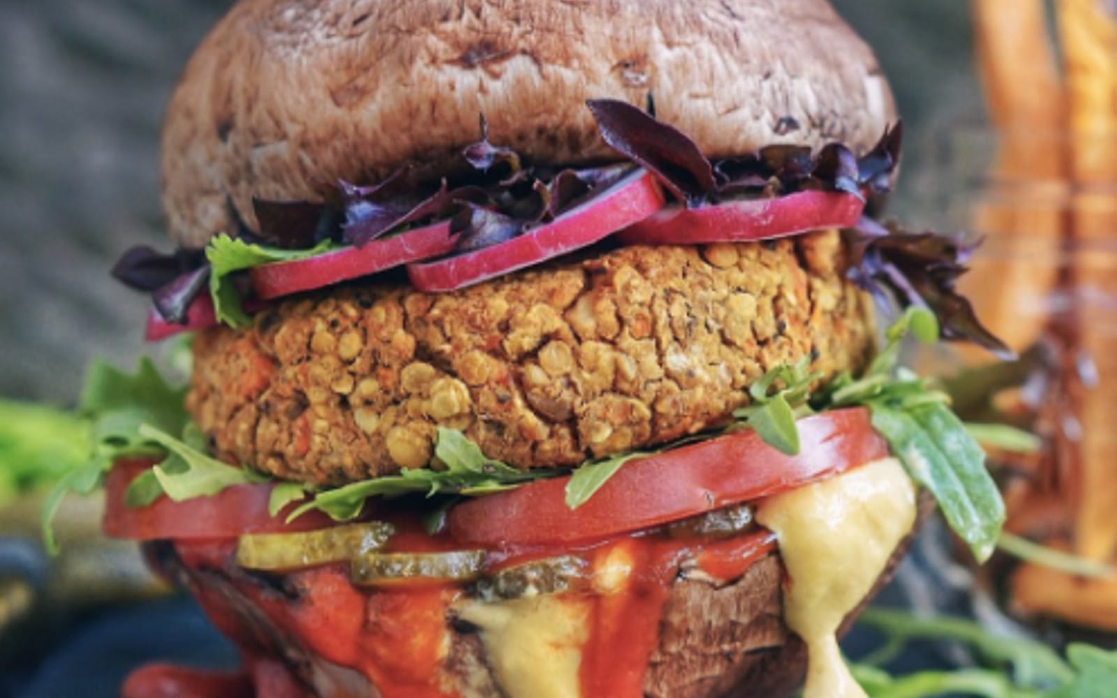 Oil-free Walnut-Lentil Burger Portobello Mushroom Buns