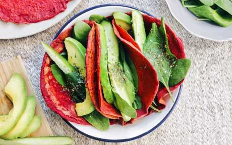 Vegan GLuten-Free Beet Chickpea Flour Tortillas with avocado