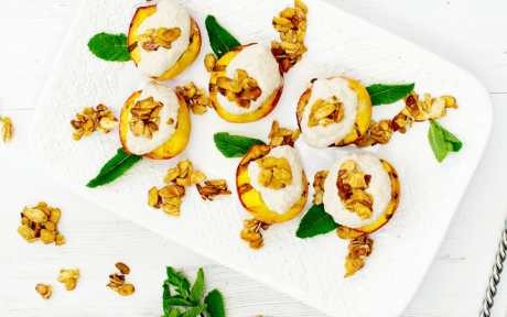 Roasted Peaches With Cashew Cinnamon Cream and Caramelized Almonds