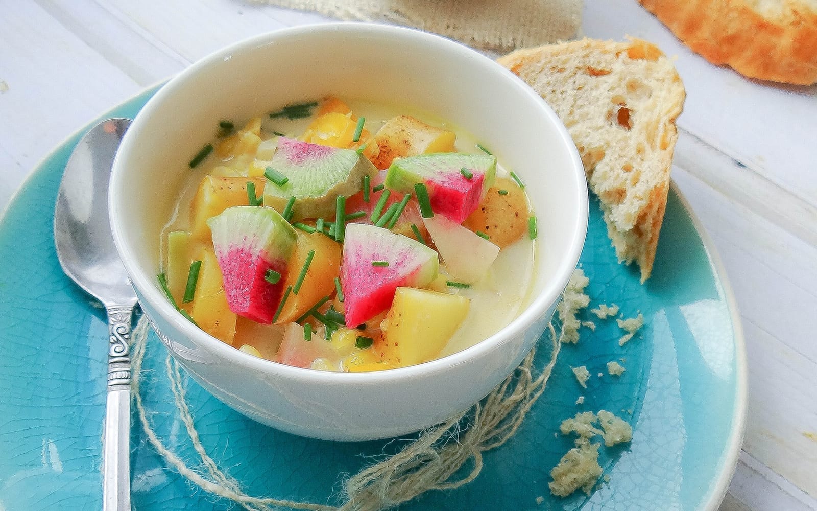 Green Curry Corn Chowder With Watermelon Radish [Vegan, Gluten-Free]